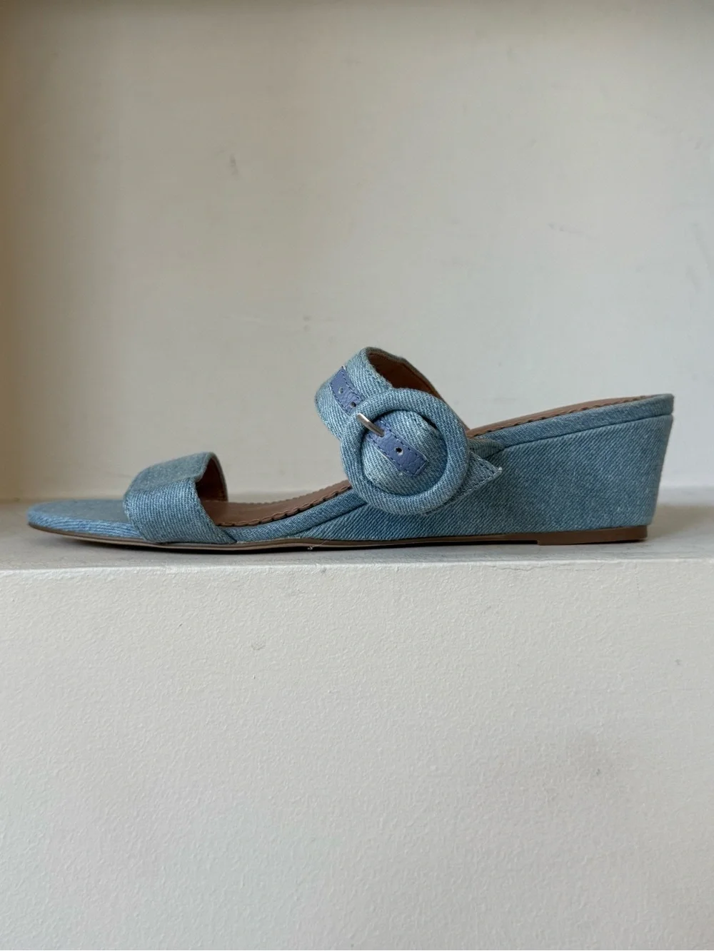 Anthropologie Blue Denim Buckle Low Wedge Sandals 8.5